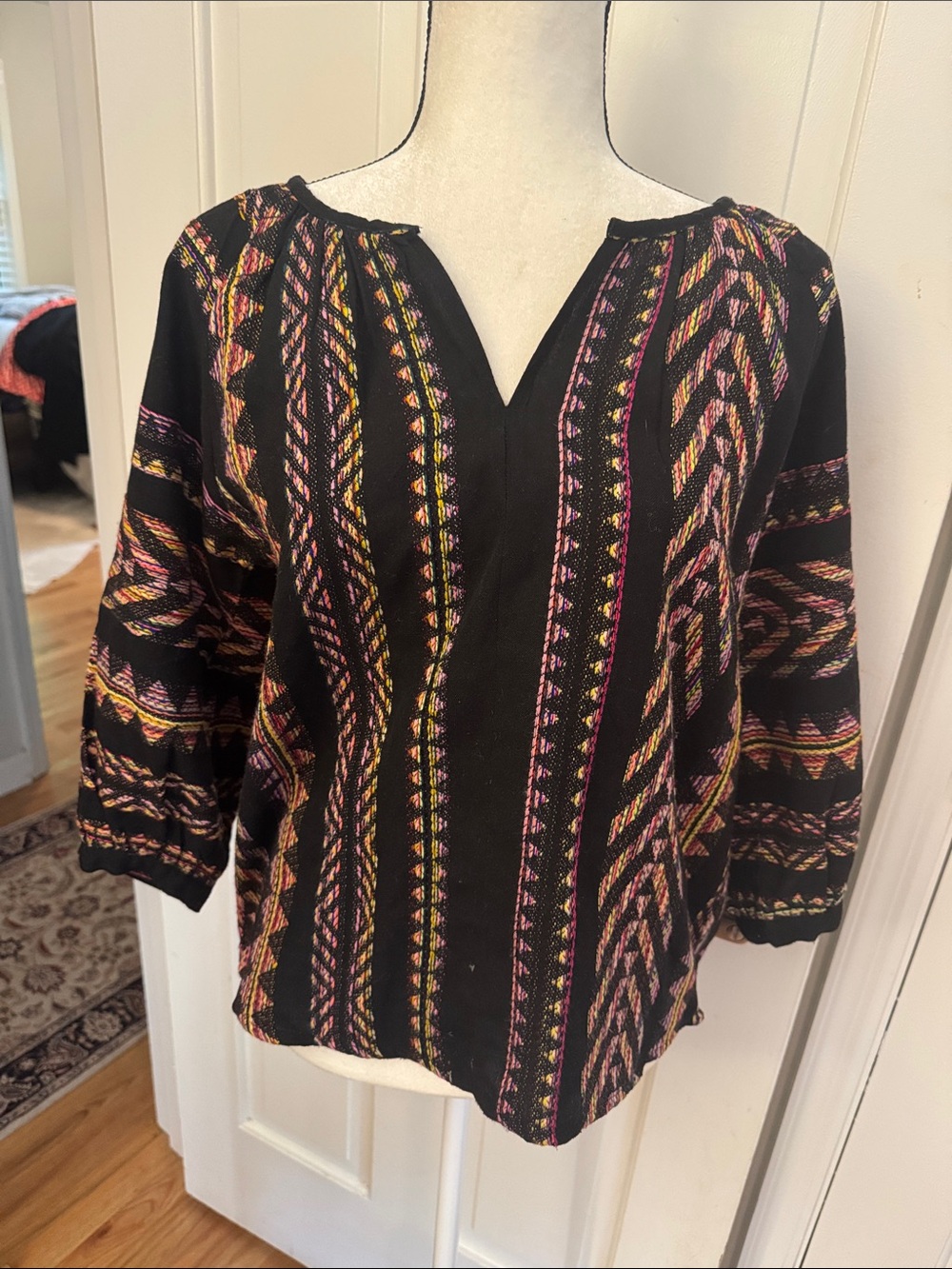 Black Embroidered Peasant Blouse with Pink & Orange Accents